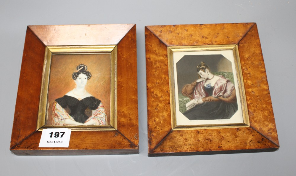 A Victorian painted ivory miniature portrait of a seated lady, 12 x 9cm, maple framed, and a coloured engraving, in near matching frame